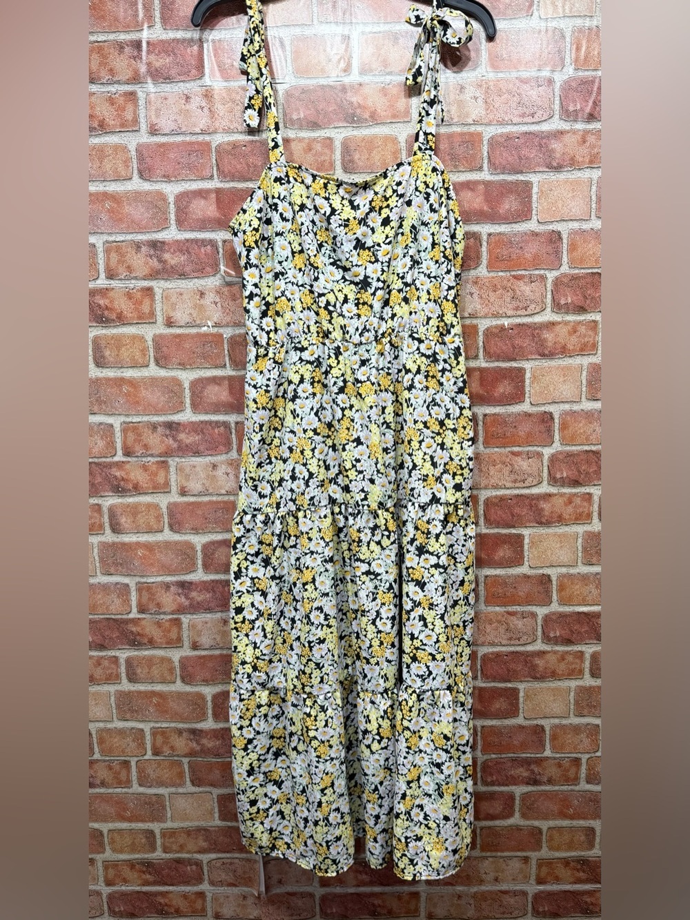 Floral Tiered country cottage prairie Maxi Dress with tie straps- Yellow & White